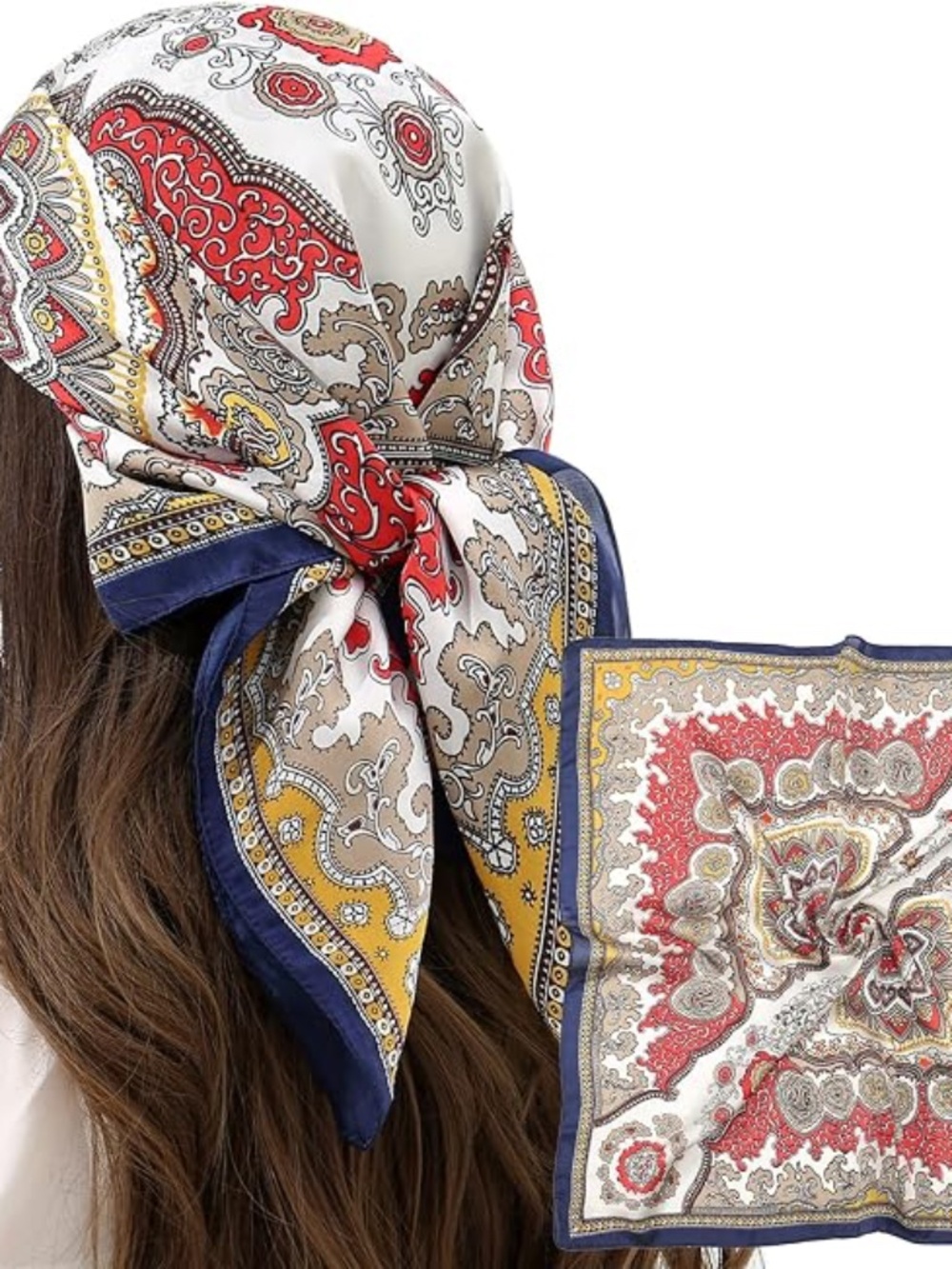 RIIQIICHY Paisley Multicolored Satin Silk Scarf 27.5"